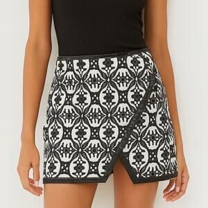 Express Tapestry Print Vegan Leather Trim Faux Wrap Skirt